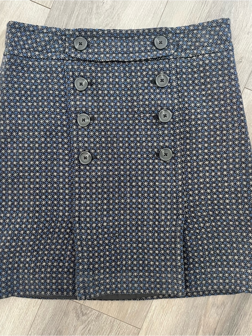 LOFT Textured Tweed Skirt Size 2 Blue Gray Button Detail Lined Preppy